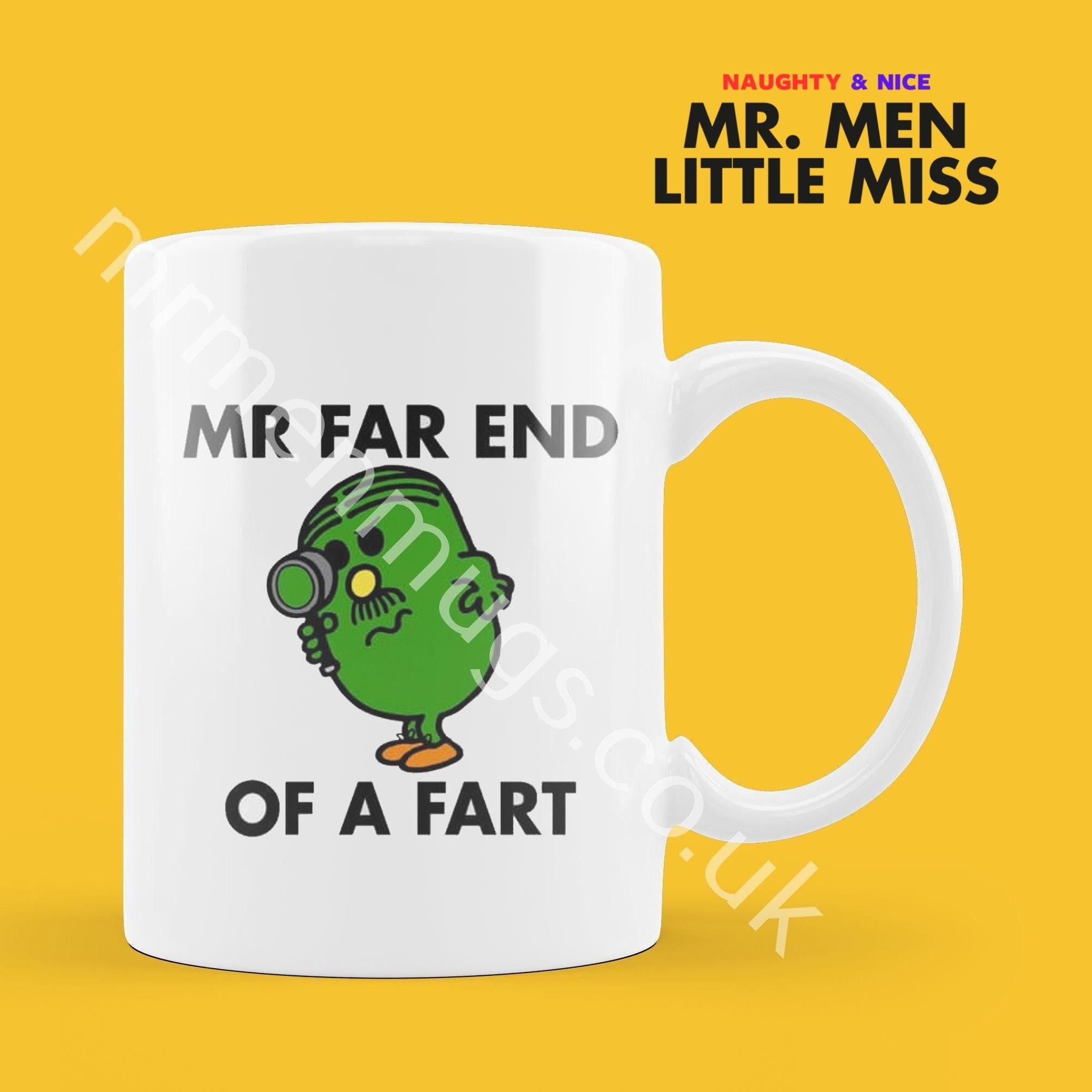 Official Mr FAR END OF a Fart Personalised Coffee or Tea Cup, Funny Mr. Men Gift for Any Occasion Add your Name for Free