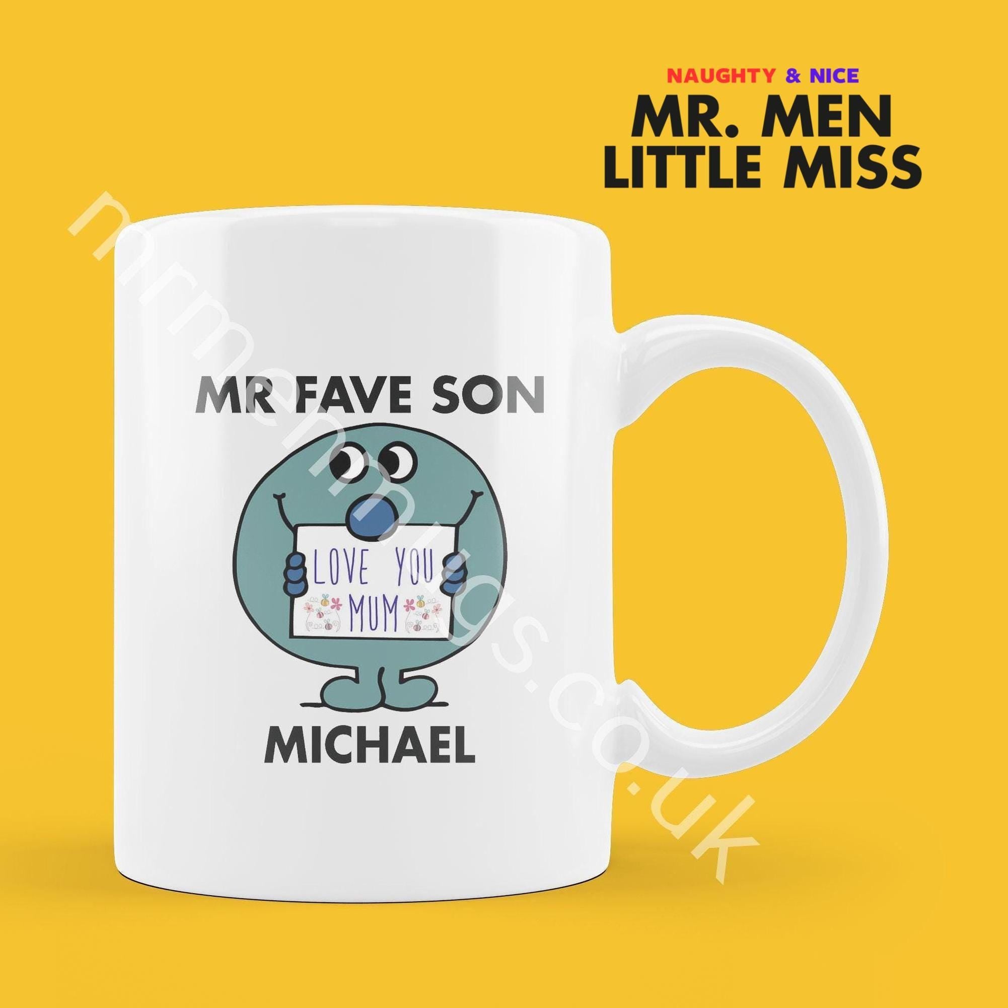 Official Mr FAVE SON MICHAEL Personalised Coffee or Tea Cup, Funny Mr. Men Gift for Any Occasion Add your Name for Free
