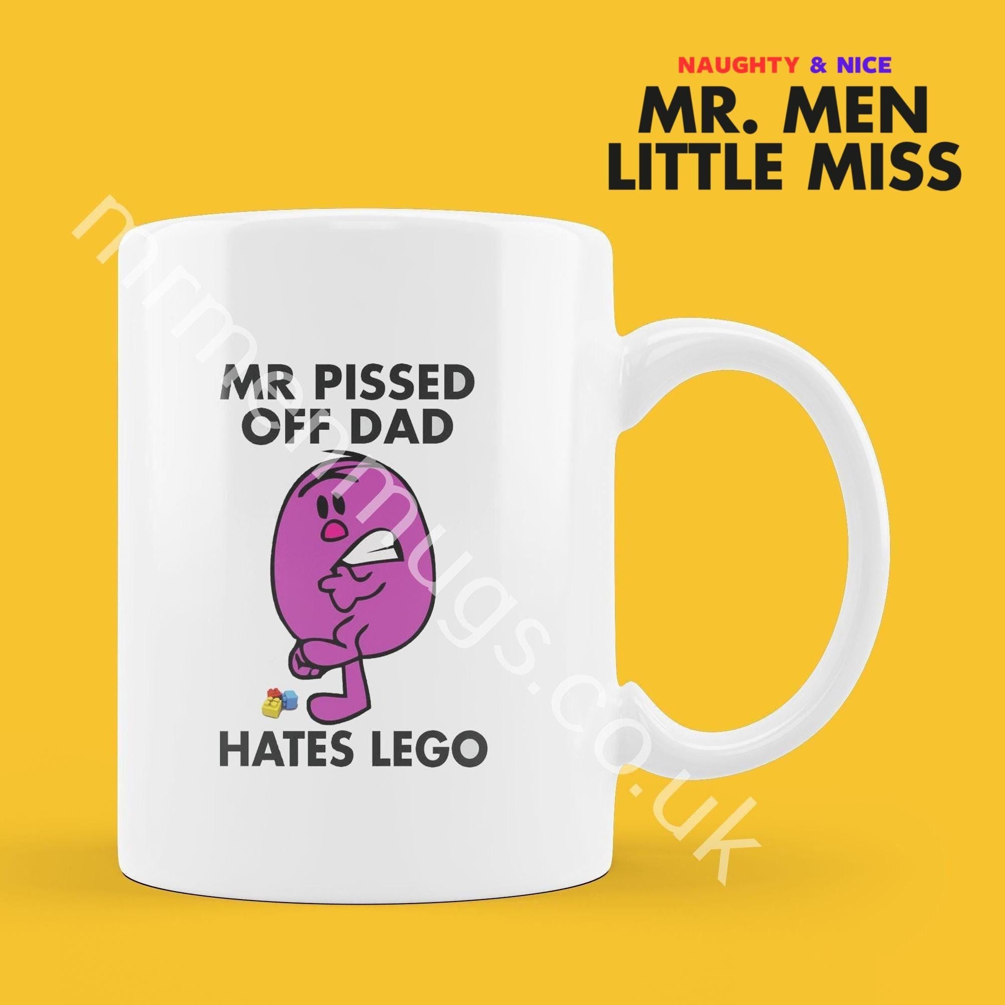 Official Mr PISSED OF DAD Hates Lego Personalised Coffee or Tea Cup, Funny Mr. Men Gift for Any Occasion Add your Name for Free