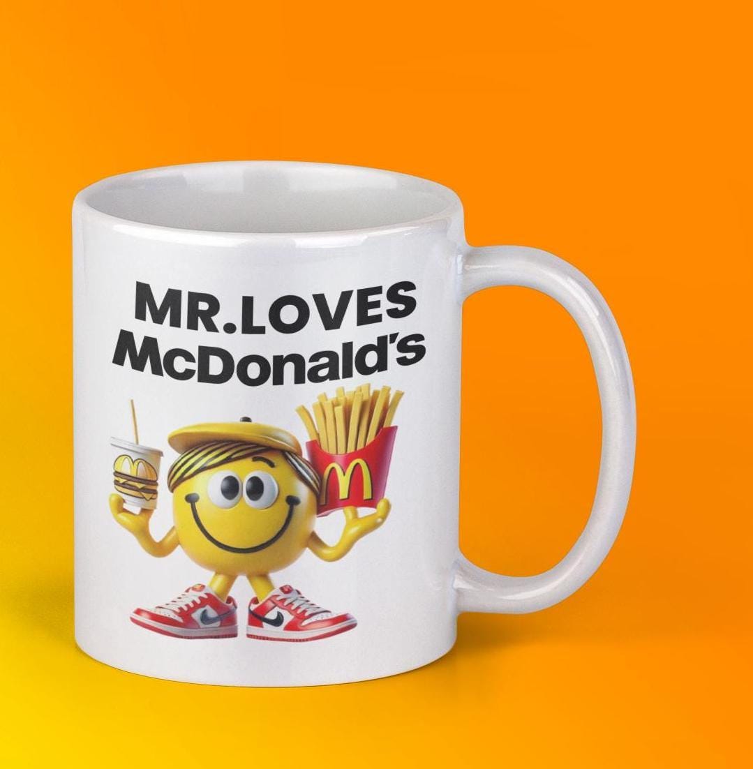 Official MR LOVES MCDONALD'S Mug Personalised Coffee or Tea Cup, Funny Mr. Men Gift for Any Occasion Add your Name for Free