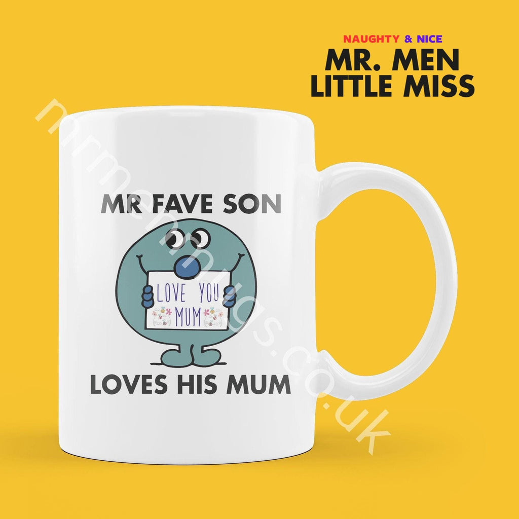 Official Mr FAVE SON LOVES His Mum Personalised Coffee or Tea Cup, Funny Mr. Men Gift for Any Occasion Add your Name for Free